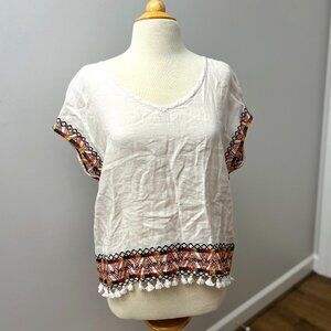 Rachel Zoe 100% Linen Earth tone Boho Top with Fringe Sz M